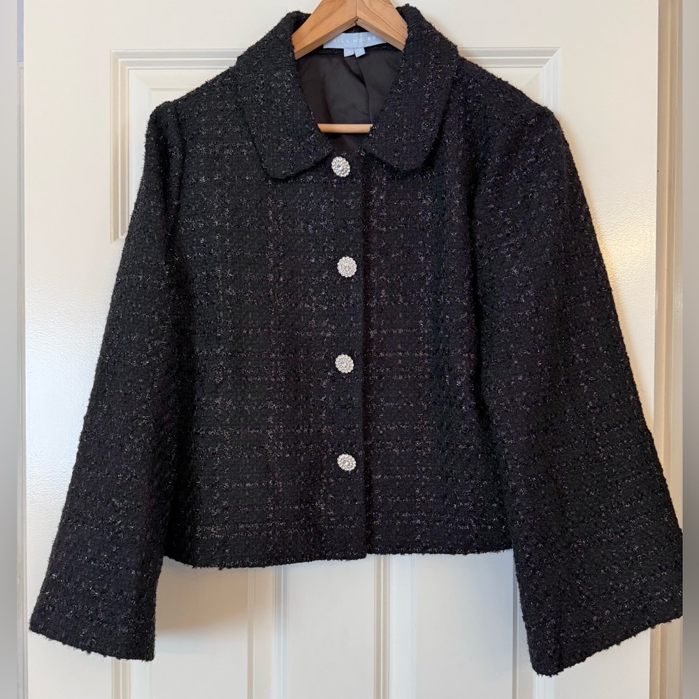Hill House Tweed Blazer Jacket Medium Black Cropped Button up Chic Classic